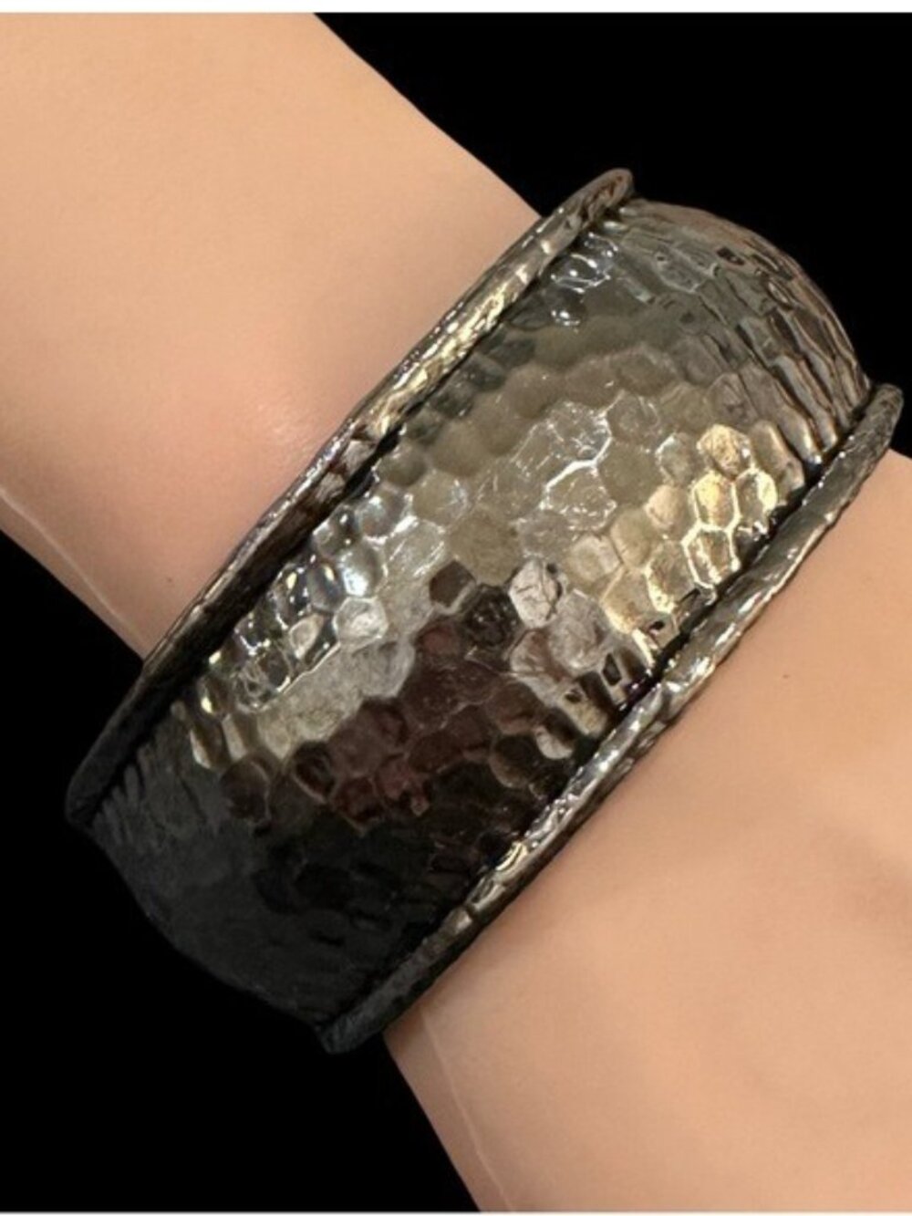 Hammered Metal Cuff Bracelet Wide Textured Silver-Tone Statement